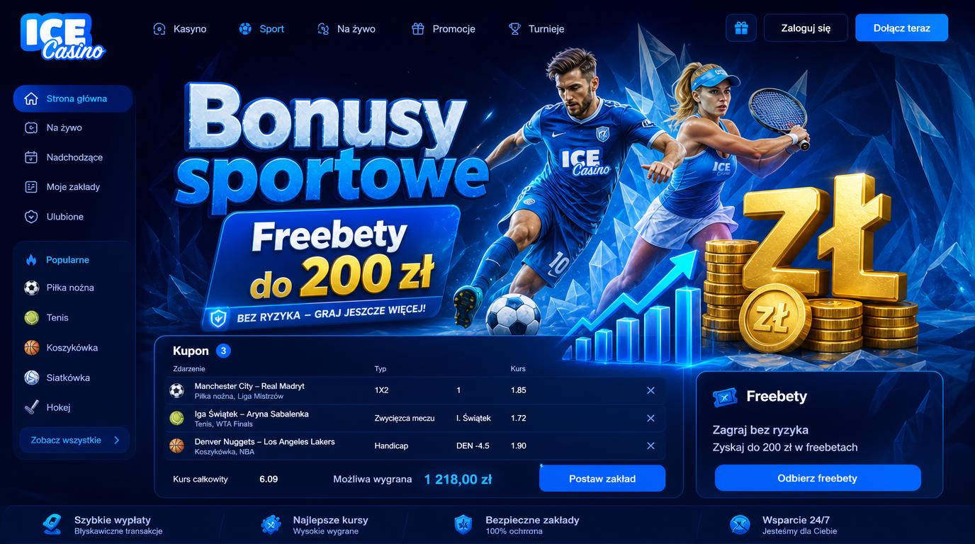  Interfejs kasyna z ofertą bonusów sportowych, freebetami i promocją dla graczy z Polski 