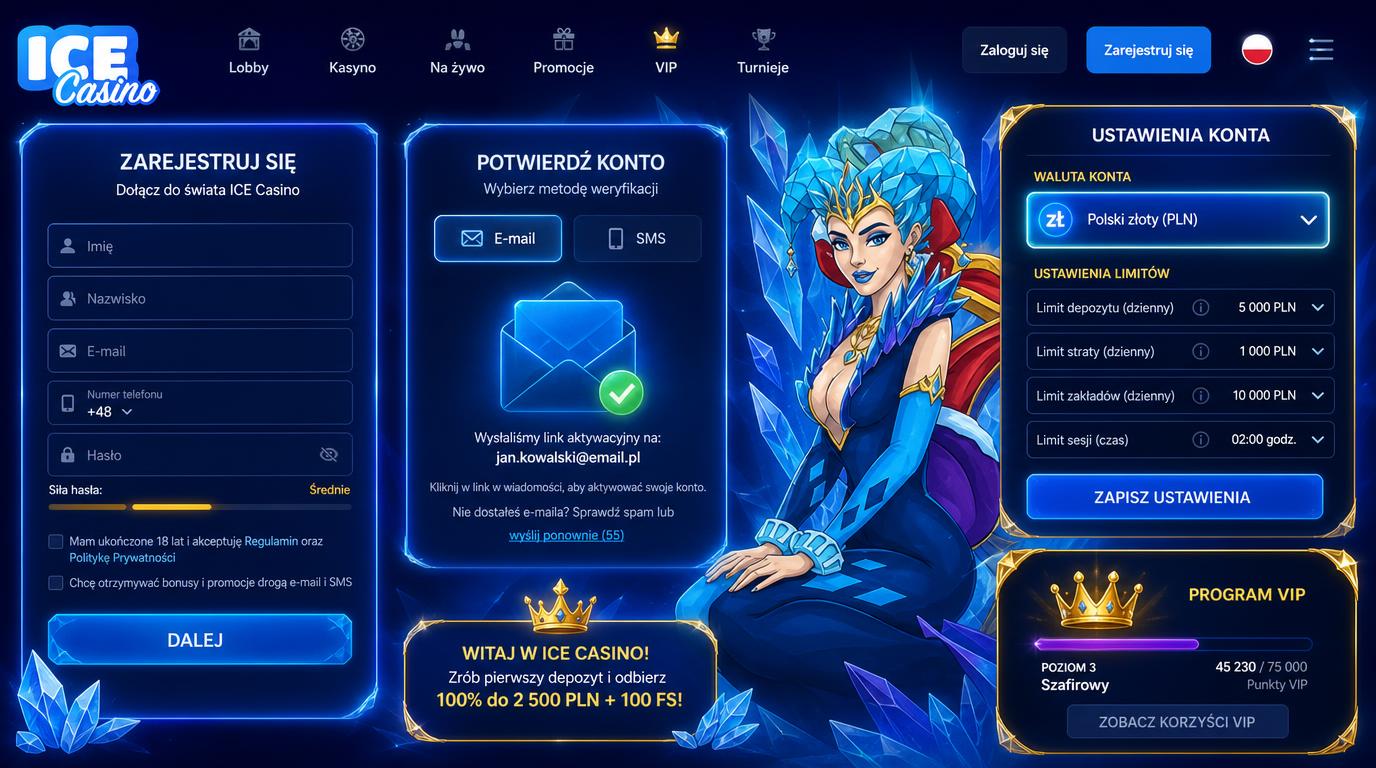 Interfejs rejestracji Ice Casino z wyborem waluty i ustawieniami limitów