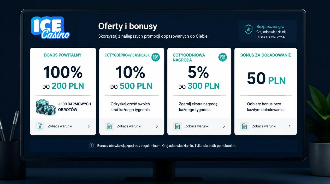 Panel promocji kasynowych z pakietem powitalnym, tygodniowym cashbackiem i bonusem na kolejny depozyt