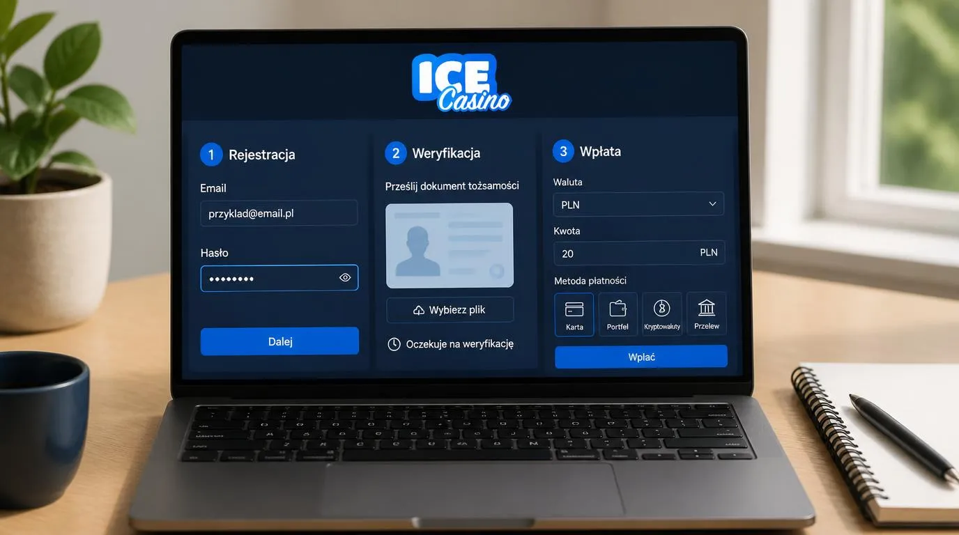 Panel rejestracji, przesyłania dokumentu KYC i pierwszej wpłaty w PLN na ekranie laptopa