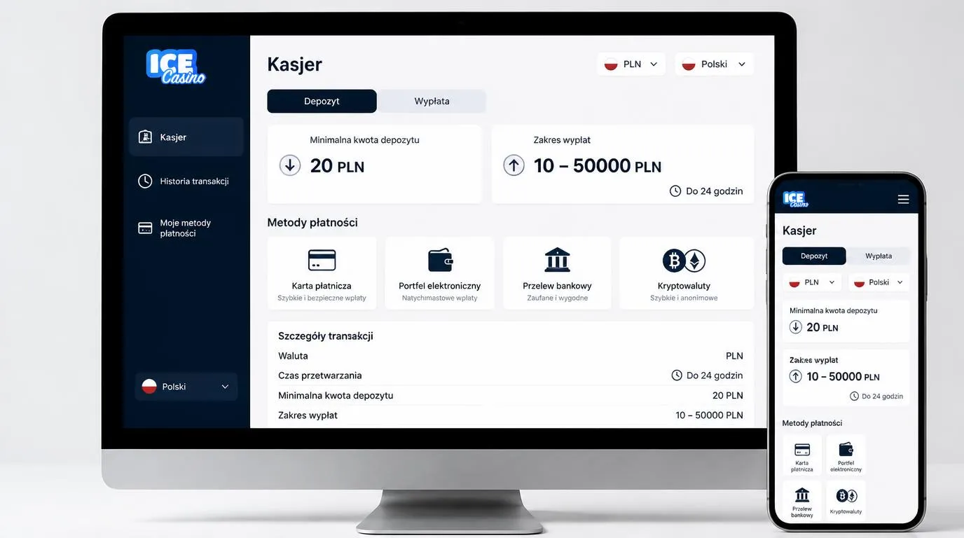Panel kasy z wpłatą 20 PLN, zakresem wypłat 10–50000 PLN oraz wyborem języka polskiego